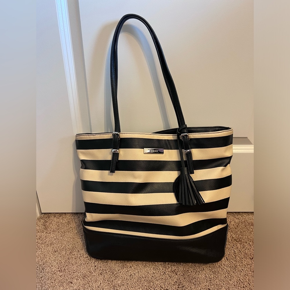 Nine West black and cream striped tote bag